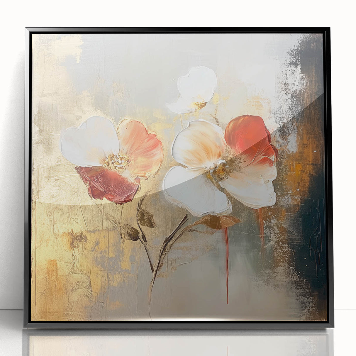 Elegant Abstract Floral Wall Art – Gold & Red Modern Canvas Print