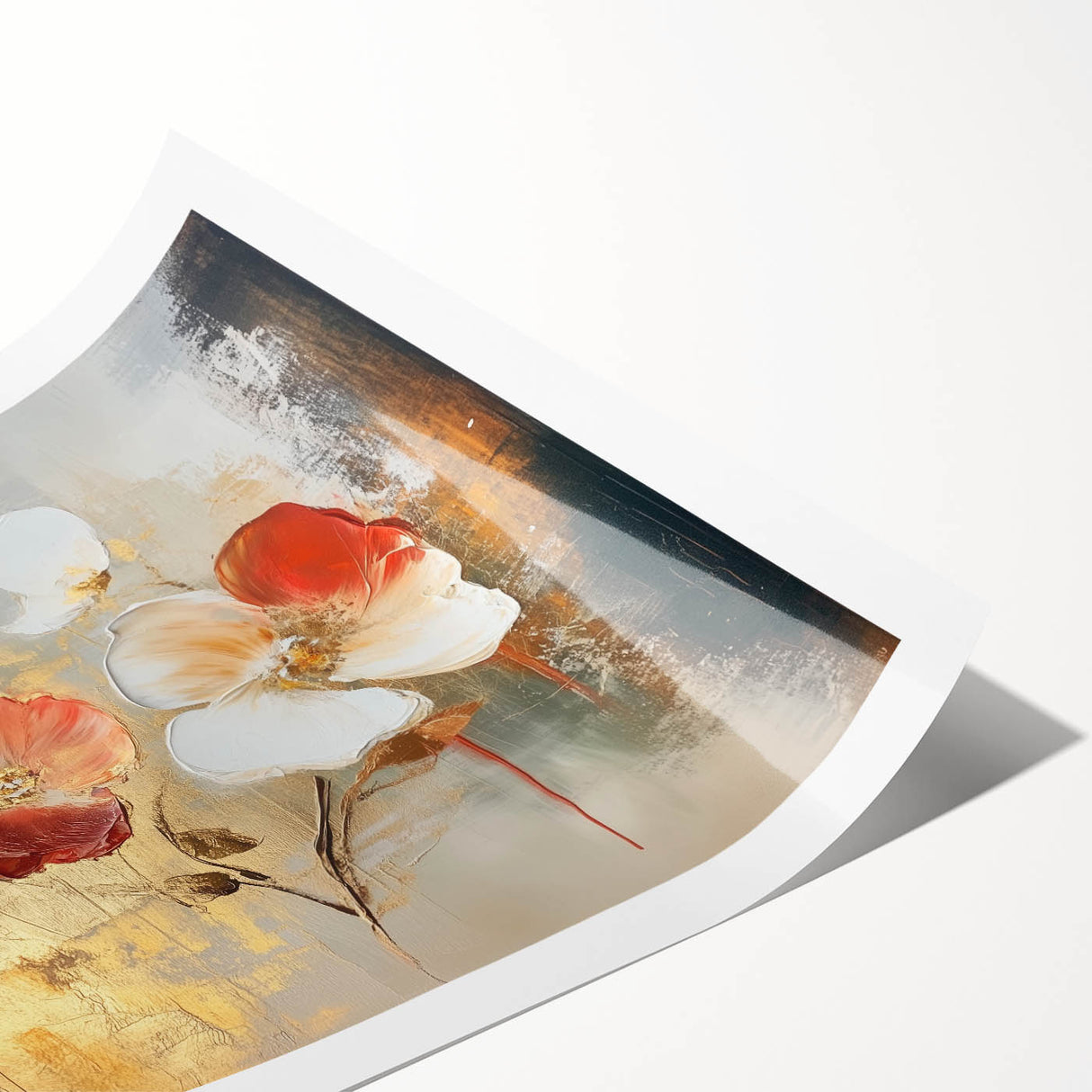 Elegant Abstract Floral Wall Art – Gold & Red Modern Canvas Print