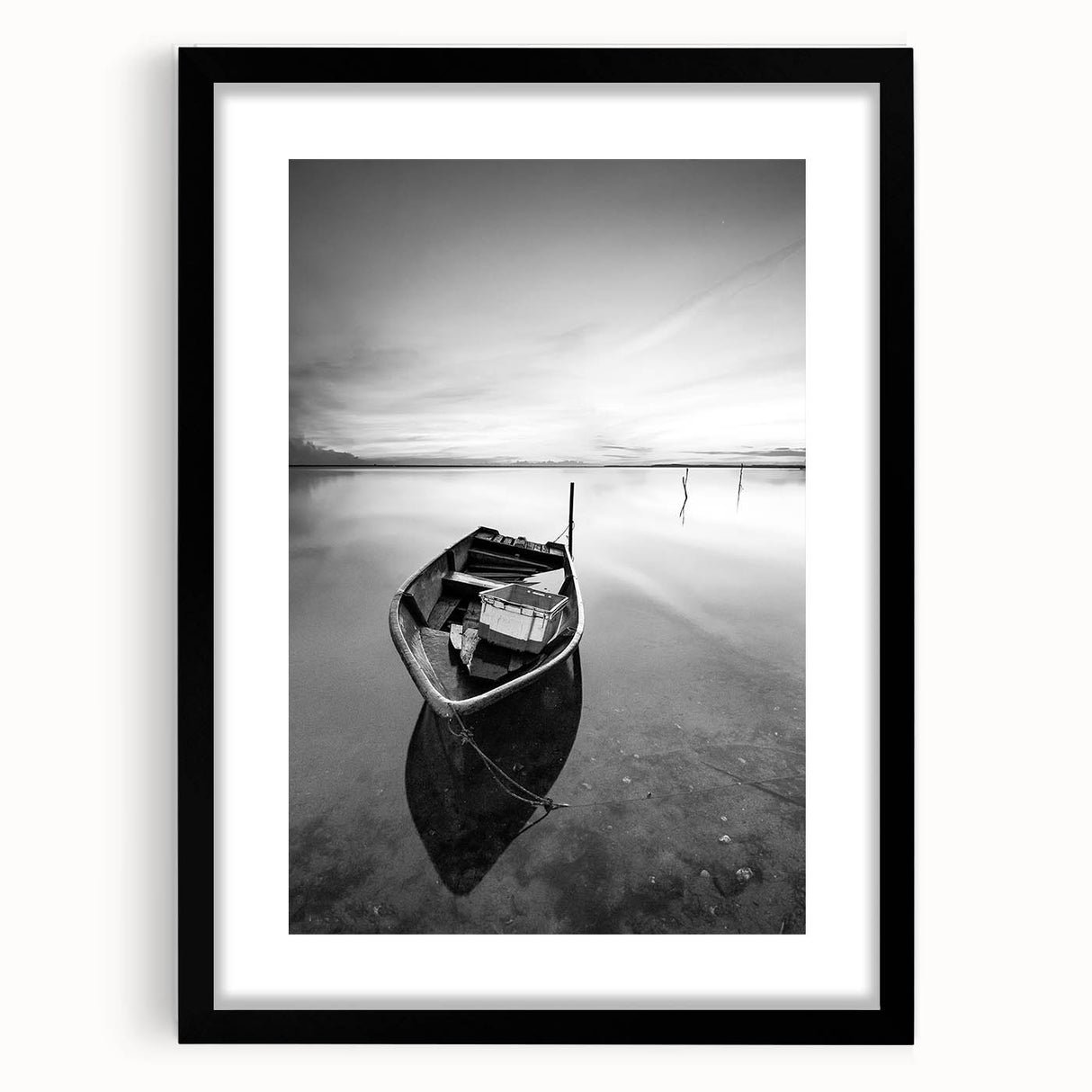 Black and White Minimalist Landscapes – Solitary Boat on Still Water Art