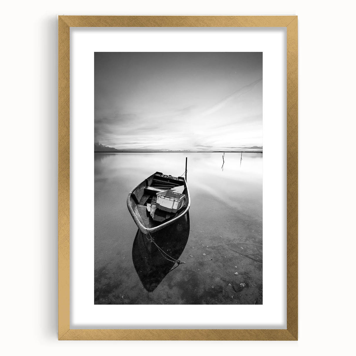 Black and White Minimalist Landscapes – Solitary Boat on Still Water Art