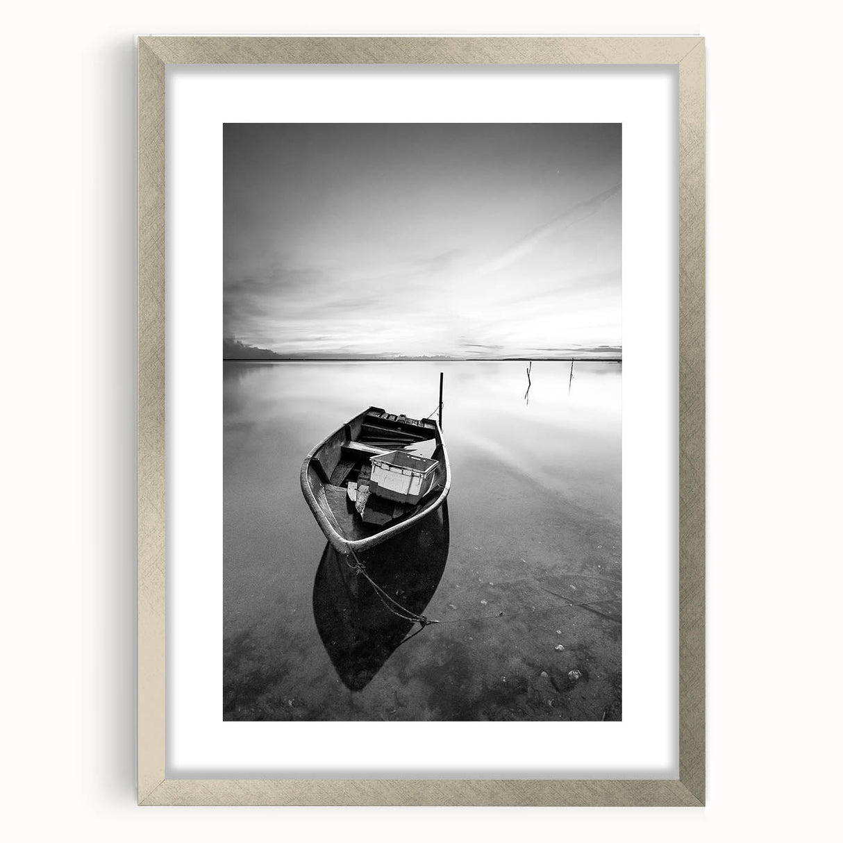Black and White Minimalist Landscapes – Solitary Boat on Still Water Art