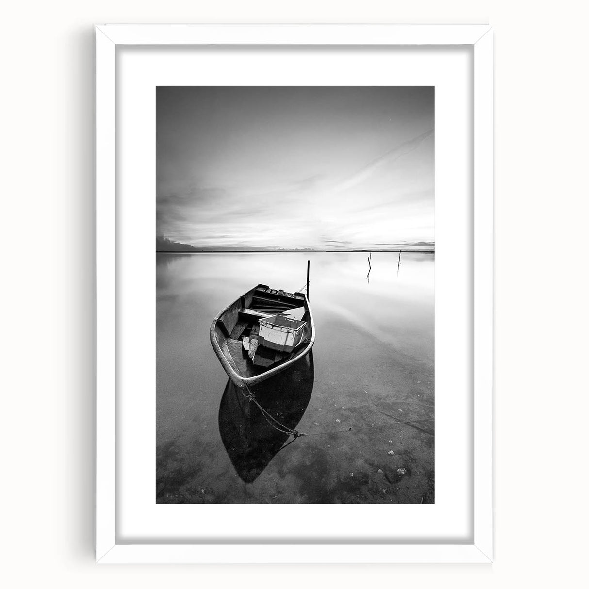 Black and White Minimalist Landscapes – Solitary Boat on Still Water Art