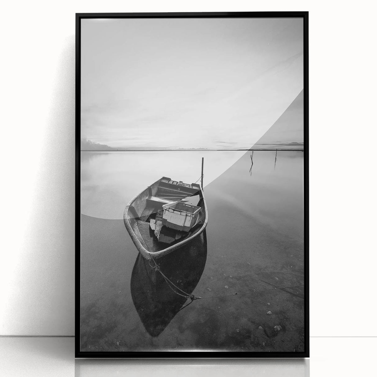 Black and White Minimalist Landscapes – Solitary Boat on Still Water Art
