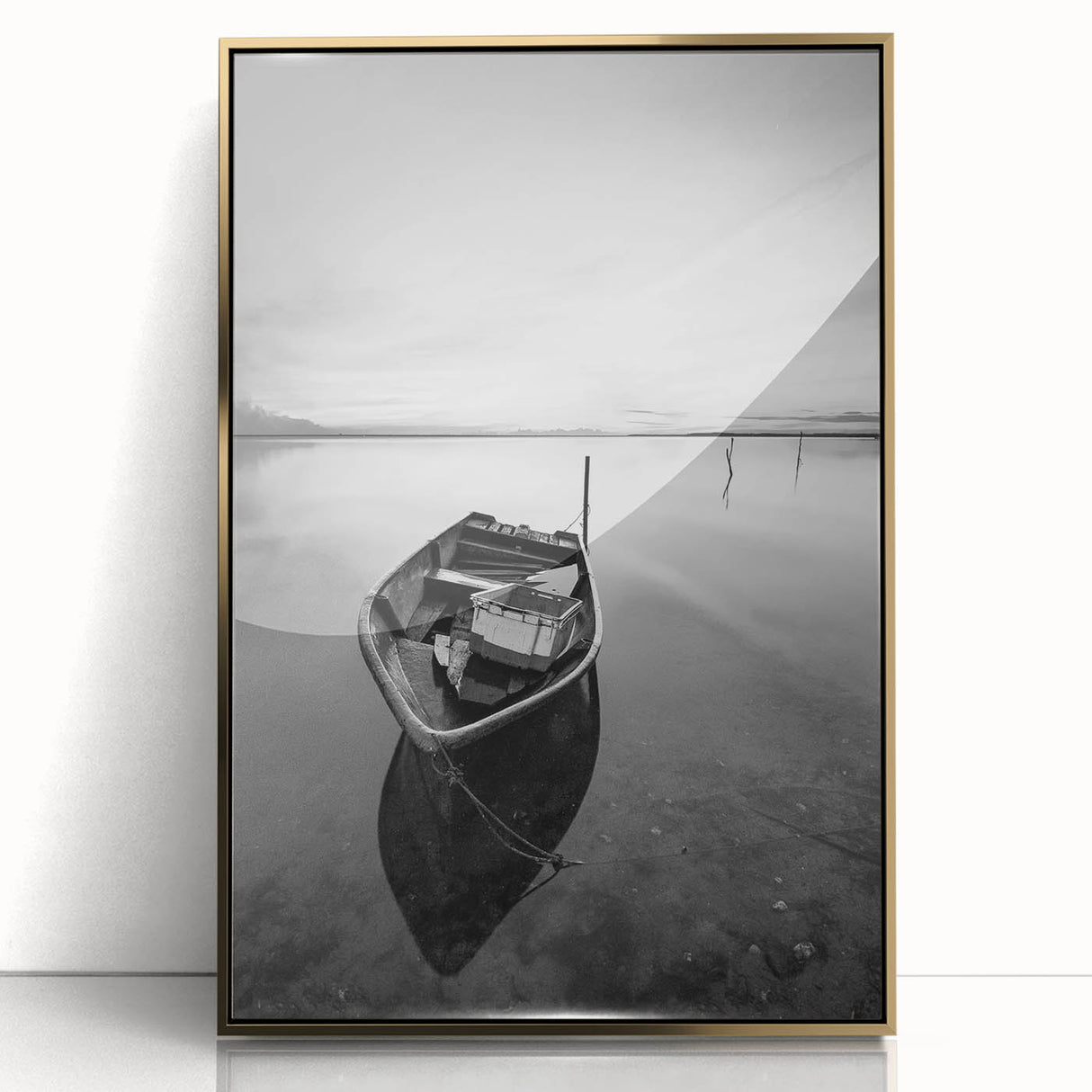 Black and White Minimalist Landscapes – Solitary Boat on Still Water Art