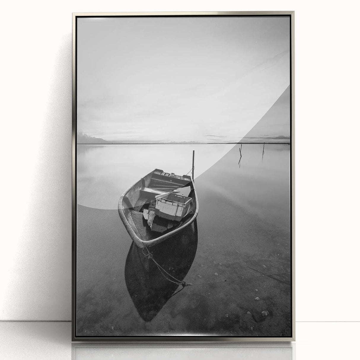 Black and White Minimalist Landscapes – Solitary Boat on Still Water Art