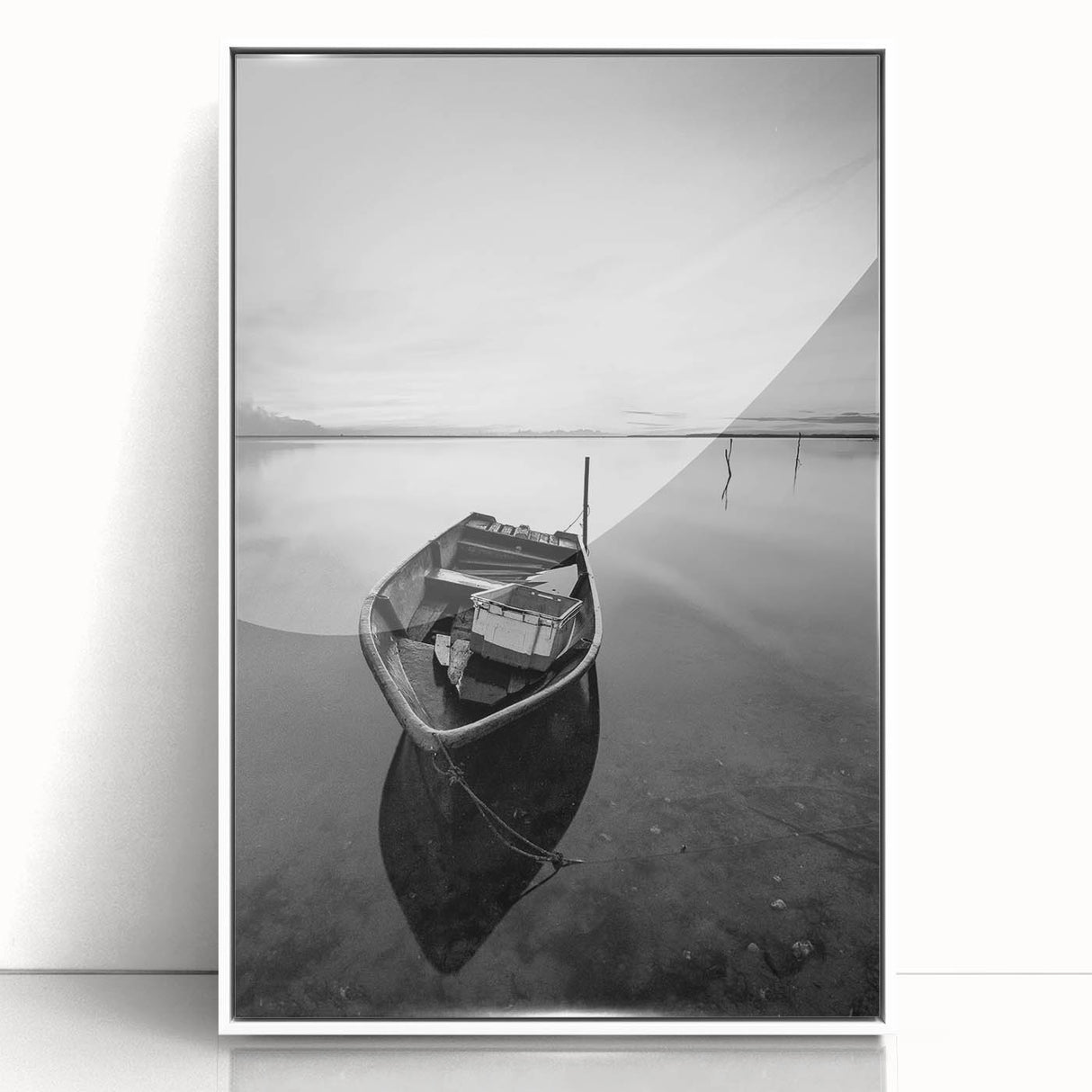 Black and White Minimalist Landscapes – Solitary Boat on Still Water Art