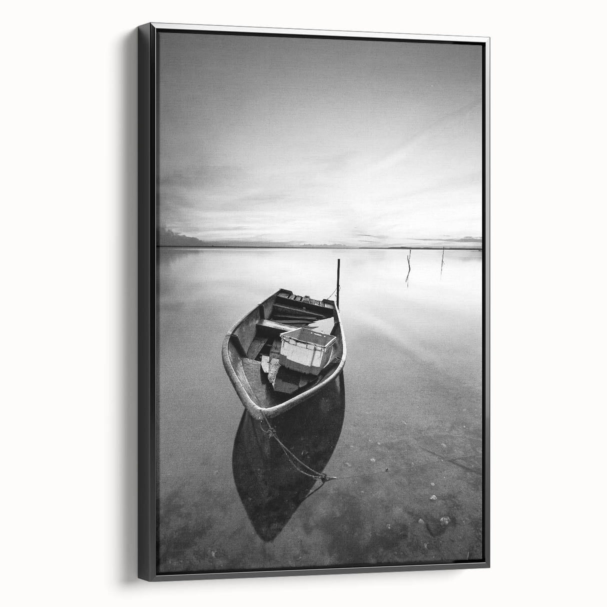 Black and White Minimalist Landscapes – Solitary Boat on Still Water Art