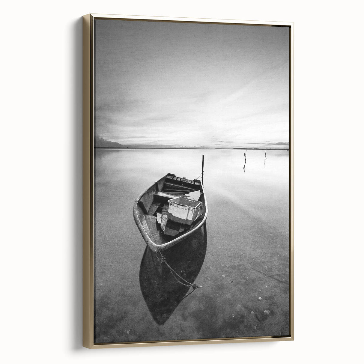 Black and White Minimalist Landscapes – Solitary Boat on Still Water Art
