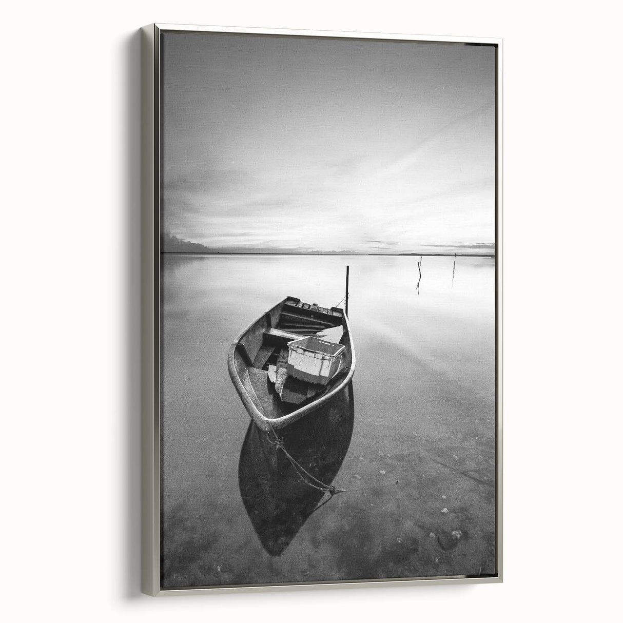 Black and White Minimalist Landscapes – Solitary Boat on Still Water Art