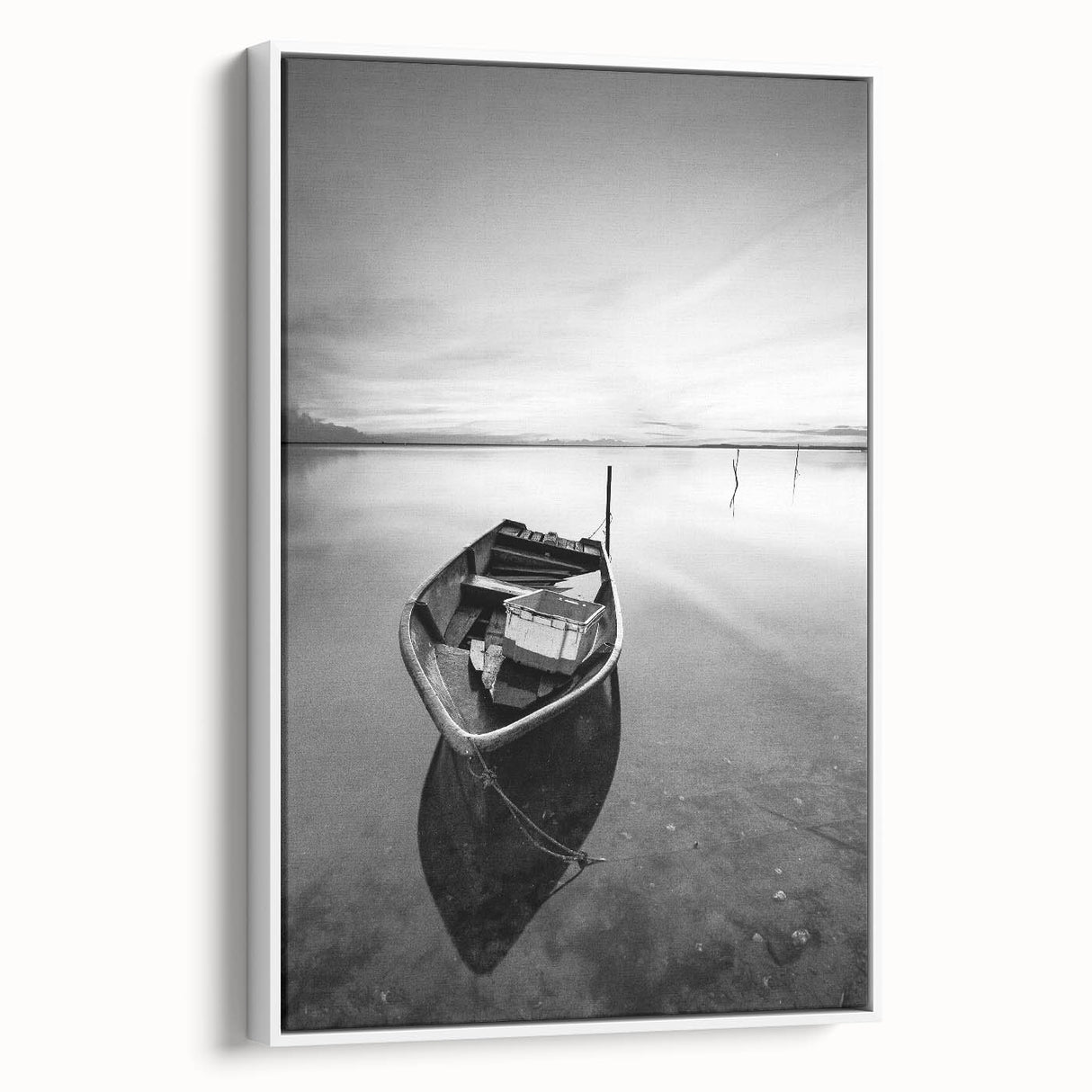 Black and White Minimalist Landscapes – Solitary Boat on Still Water Art