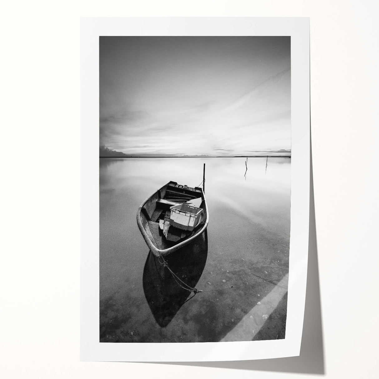 Black and White Minimalist Landscapes – Solitary Boat on Still Water Art