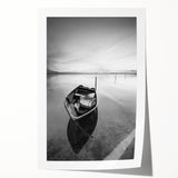 Black and White Minimalist Landscapes – Solitary Boat on Still Water Art