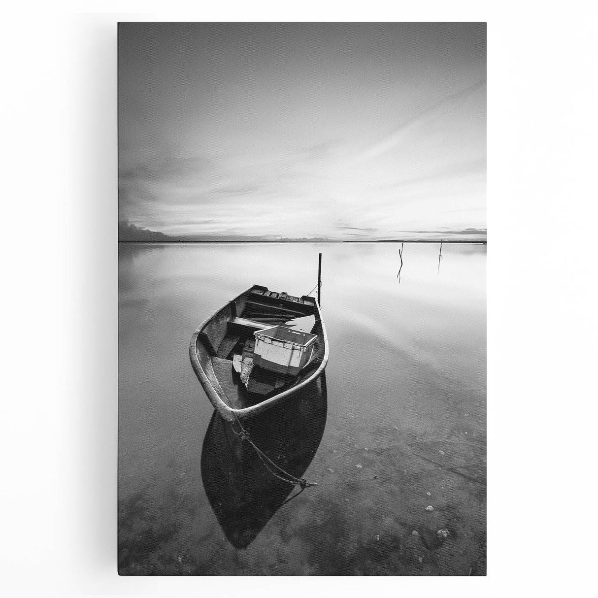 Black and White Minimalist Landscapes – Solitary Boat on Still Water Art