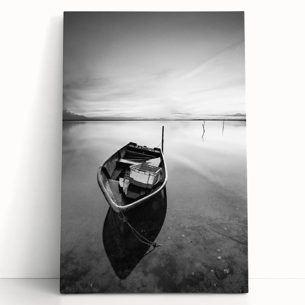 Black and White Minimalist Landscapes – Solitary Boat on Still Water Art