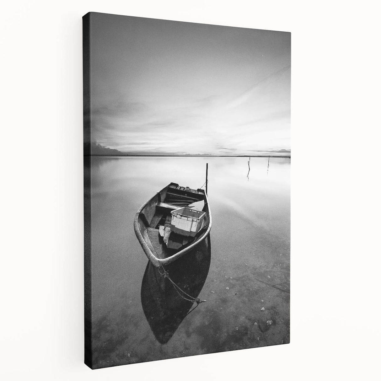 Black and White Minimalist Landscapes – Solitary Boat on Still Water Art