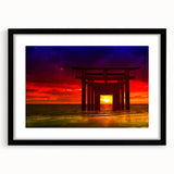 Minimalist Coastal Landscape Art – Sunset Torii Gate Ocean View Print