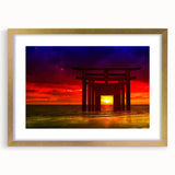Minimalist Coastal Landscape Art – Sunset Torii Gate Ocean View Print