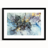 Modern Fluid Abstract Art – Gold & Blue Marble Ink Canvas