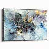 Modern Fluid Abstract Art – Gold & Blue Marble Ink Canvas