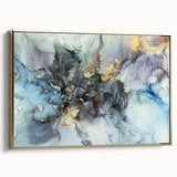 Modern Fluid Abstract Art – Gold & Blue Marble Ink Canvas