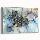 Modern Fluid Abstract Art – Gold & Blue Marble Ink Canvas