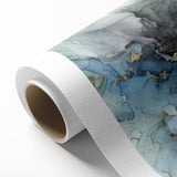 Modern Fluid Abstract Art – Gold & Blue Marble Ink Canvas