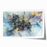 Modern Fluid Abstract Art – Gold & Blue Marble Ink Canvas