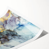 Modern Fluid Abstract Art – Gold & Blue Marble Ink Canvas