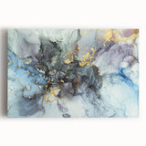 Modern Fluid Abstract Art – Gold & Blue Marble Ink Canvas