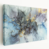 Modern Fluid Abstract Art – Gold & Blue Marble Ink Canvas