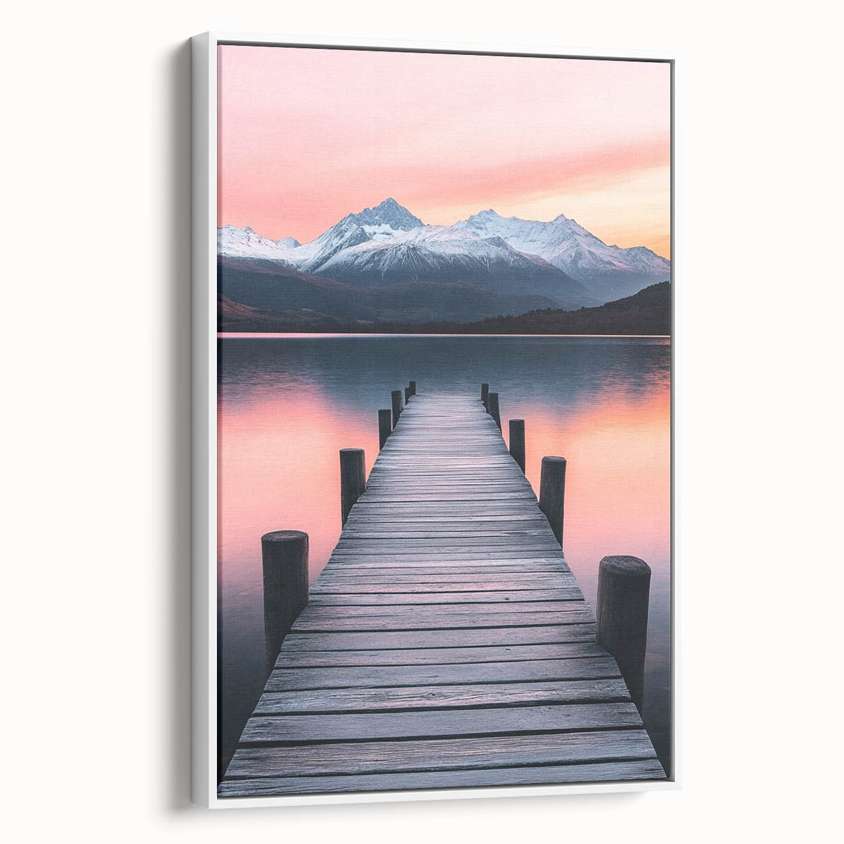 Minimalist Mountain Wall Art – Serene Lake and Pier Print