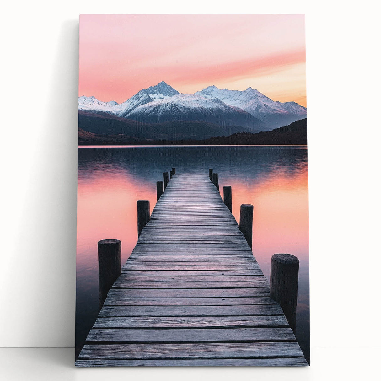 Minimalist Mountain Wall Art – Serene Lake and Pier Print