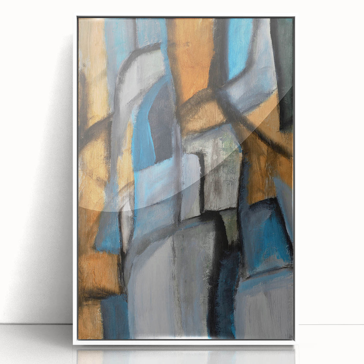 Geometric Abstract Art Prints in Blue and Tan – Modern Oil Painting