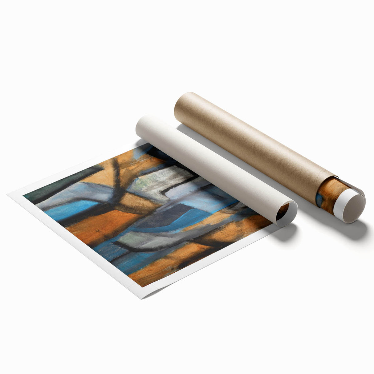Geometric Abstract Art Prints in Blue and Tan – Modern Oil Painting