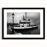 Vintage Tugboat in Fog – Black & White Fine Art Photography Print