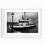 Vintage Tugboat in Fog – Black & White Fine Art Photography Print