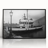 Vintage Tugboat in Fog – Black & White Fine Art Photography Print