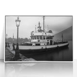 Vintage Tugboat in Fog – Black & White Fine Art Photography Print