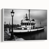 Vintage Tugboat in Fog – Black & White Fine Art Photography Print