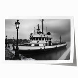 Vintage Tugboat in Fog – Black & White Fine Art Photography Print