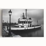 Vintage Tugboat in Fog – Black & White Fine Art Photography Print