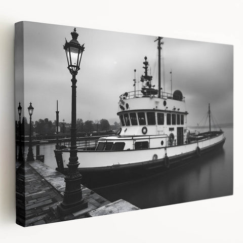 Vintage Tugboat in Fog – Black & White Fine Art Photography Print