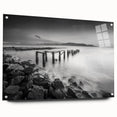 Minimalist Coastal Landscape Art – Weathered Pier in Black & White
