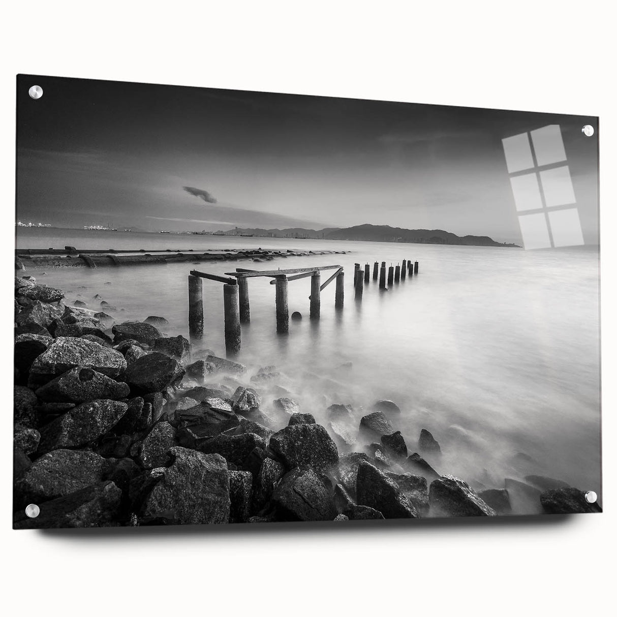 Minimalist Coastal Landscape Art – Weathered Pier in Black & White