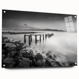 Minimalist Coastal Landscape Art – Weathered Pier in Black & White