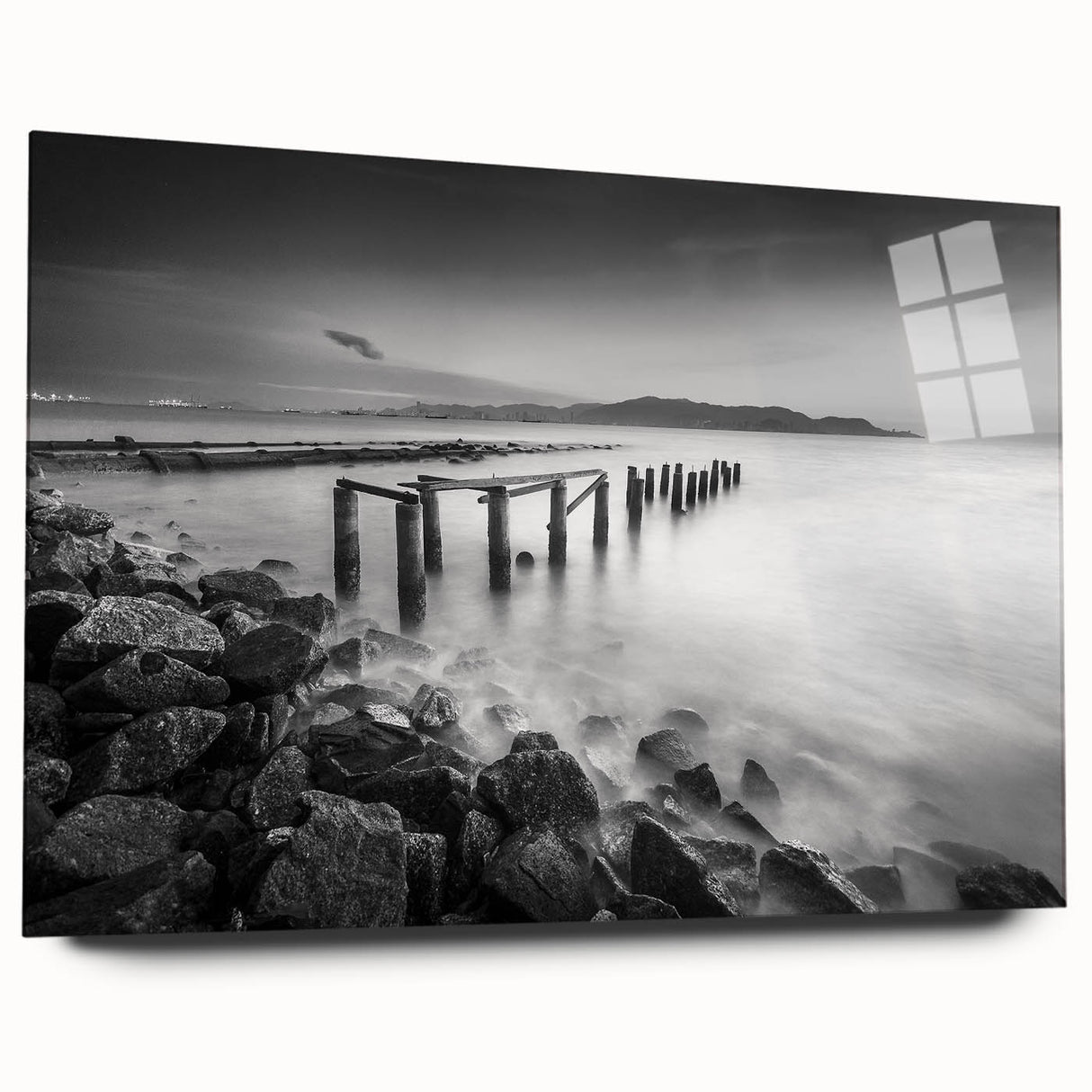 Minimalist Coastal Landscape Art – Weathered Pier in Black & White