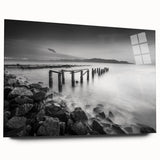 Minimalist Coastal Landscape Art – Weathered Pier in Black & White