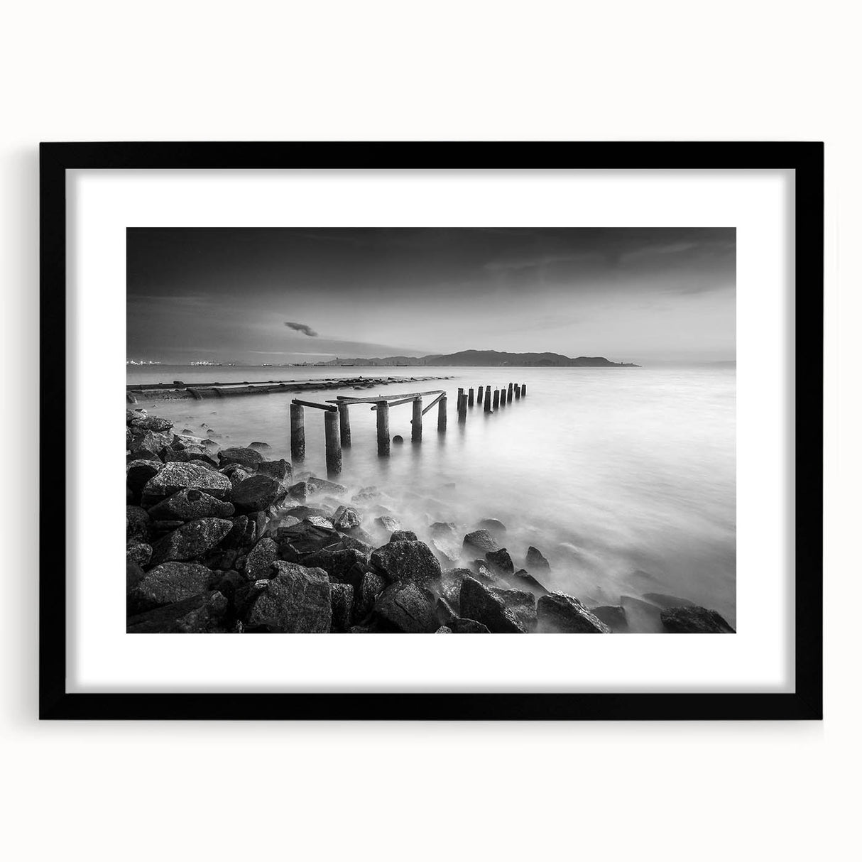 Minimalist Coastal Landscape Art – Weathered Pier in Black & White