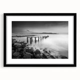 Minimalist Coastal Landscape Art – Weathered Pier in Black & White