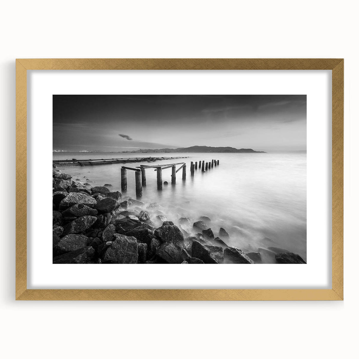 Minimalist Coastal Landscape Art – Weathered Pier in Black & White